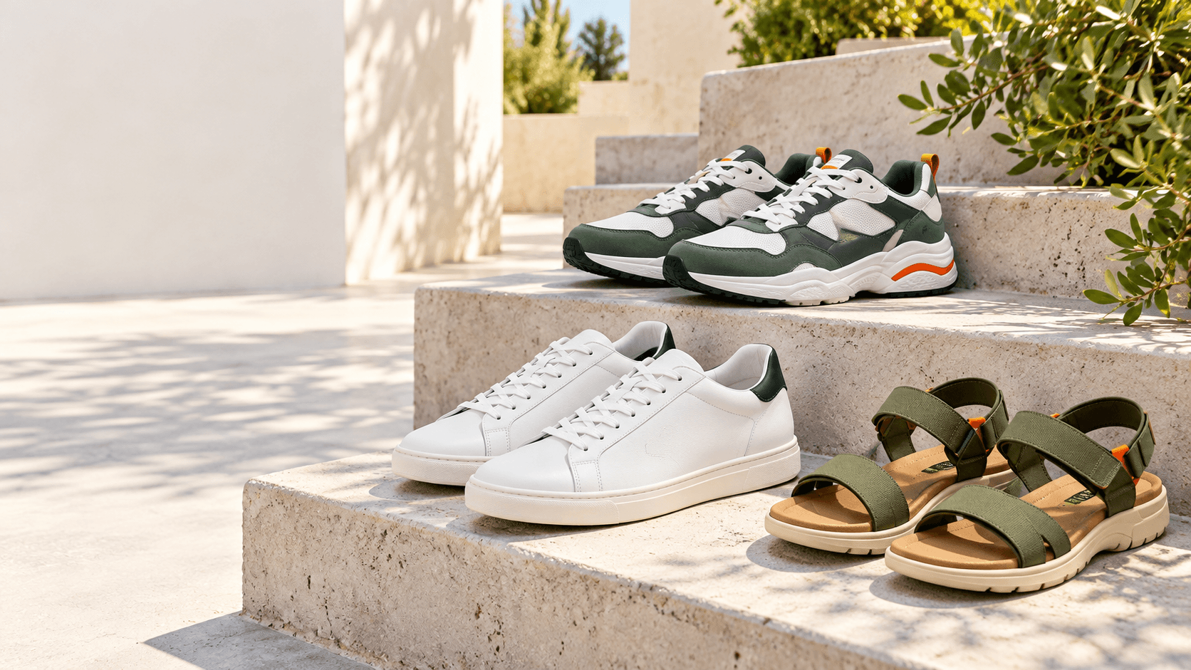 Zapatillas deportivas, zapatillas urbanas blancas y sandalias sobre escalones de piedra, al sol